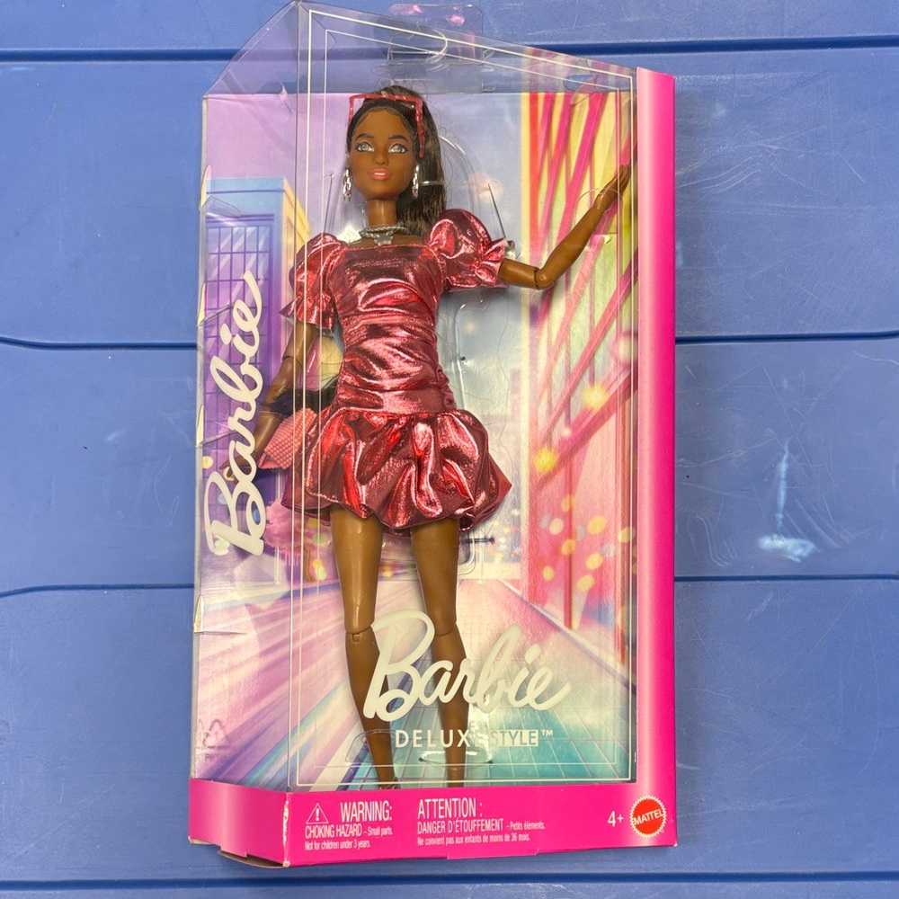 Barbie Deluxe Style African-American Doll in metallic Pink mini dress new